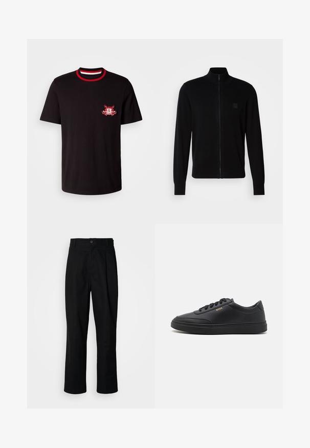 Sudadera negra con cremallera hecha de un suave tejido de punto, que presenta un cuello alzado, mangas largas y un discreto parche de logo texturizado en el pecho.; Camiseta de algodón negra con un cuello redondo acanalado en rojo y blanco. Tiene un logotipo bordado en rojo y blanco en el lado izquierdo del pecho.; Pantalones rectos negros con cintura con botones, trabillas para cinturón y pliegue frontal, exhibidos sobre un fondo blanco liso.; Zapatillas de cuero negro con una textura suave, punta redondeada, suela plana de goma y cordones a tono. Presentan el logotipo dorado "BOSS" en el lateral.