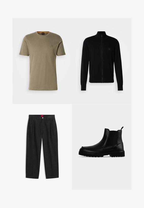 Sudadera negra con cremallera hecha de un suave tejido de punto, que presenta un cuello alzado, mangas largas y un discreto parche de logo texturizado en el pecho.; Camiseta de manga corta en verde oliva, hecha de algodón, con cuello redondo y un pequeño parche cuadrado de logo en el lado izquierdo del pecho. Textura suave.; Pantalones negros de talle alto con pliegues delanteros, trabillas para cinturón, cierre con botón y cremallera, y una etiqueta roja en el interior de la cintura.; Bota negra de cuero hasta el tobillo con suela texturizada, paneles laterales elásticos y pestaña de tirador sobre fondo gris claro.