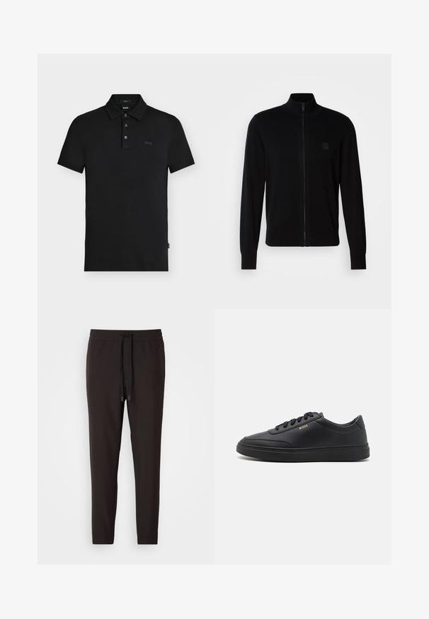 Sort lynlås-trøje lavet af et blødt strikstof med en opretstående krave, lange ærmer og et subtilt tekstureret logo-patch på brystet.; Sort slim-fit polo skjorte med tre knapper, korte ærmer og diskret "BOSS" logo på brystet og indersiden af kraven.; Sorte joggingbukser lavet af blødt stof, med en elastisk bæltelås og snor, tætsiddende ben og uden synlige mønstre eller udsmykninger.; Sorte lædersneakers med en glat overflade, rund tå, flad gummisål og tonede snørebånd. Udstyret med guld "BOSS" branding på siden.