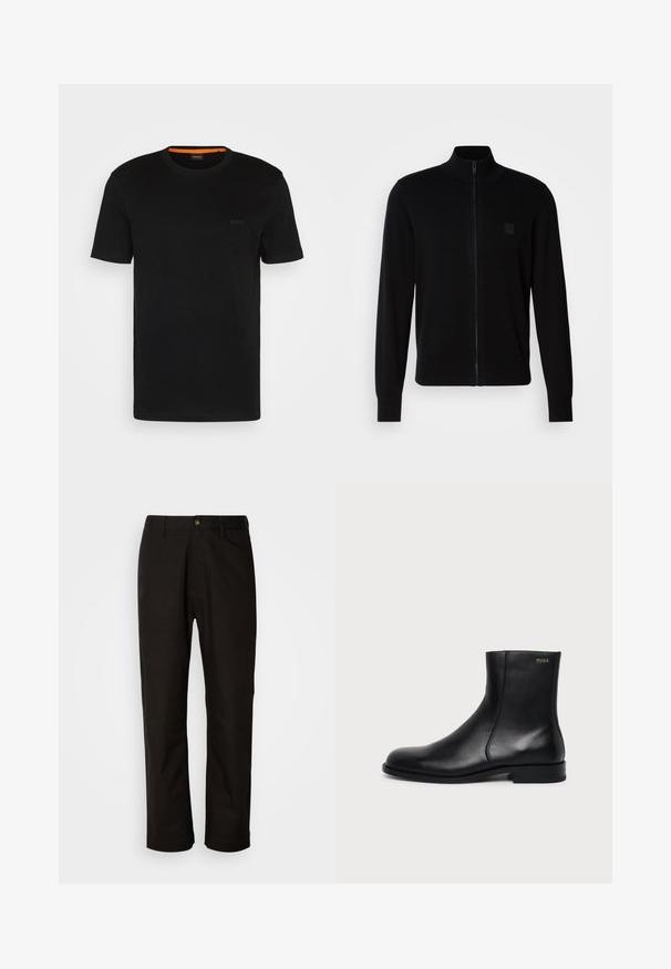 Sweatshirt noir zippé en tissu tricoté doux, avec un col montant, des manches longues et un discret patch logo texturé sur la poitrine.; T-shirt noir à manches courtes fabriqué en tissu doux, avec un col rond et un logo discret à l'avant. Le col intérieur comporte un accent orange.; Pantalon en coton noir avec une coupe droite, des passants de ceinture, une fermeture éclair à l'avant et un seul bouton. Texture lisse sans motifs visibles.; Bottine en cuir noir à talon bas, couture latérale et petit logo "HUGO" sur le revers supérieur sur un fond uni.