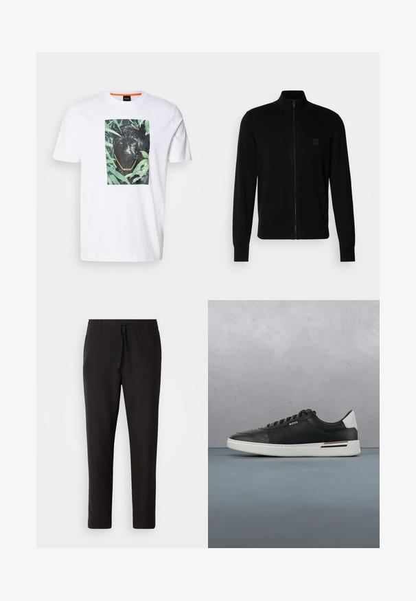 Sort lynlås-trøje lavet af et blødt strikstof med en opretstående krave, lange ærmer og et subtilt tekstureret logo-patch på brystet.; Hvid bomuld t-shirt med et fremtrædende sort panther-grafik omgivet af grønne planter, med en guldkæde og branddetalje.; Sorte joggebukser lavet af glat stof. Har en elastisk talje med snor, tætsiddende ben og ingen synlige lommer. Enkel design.; Sort lædersneaker med hvid sål, har perforeringer, snørebåndsdesign, logo på siden og kontrasterende hældetalje i hvid og brun.