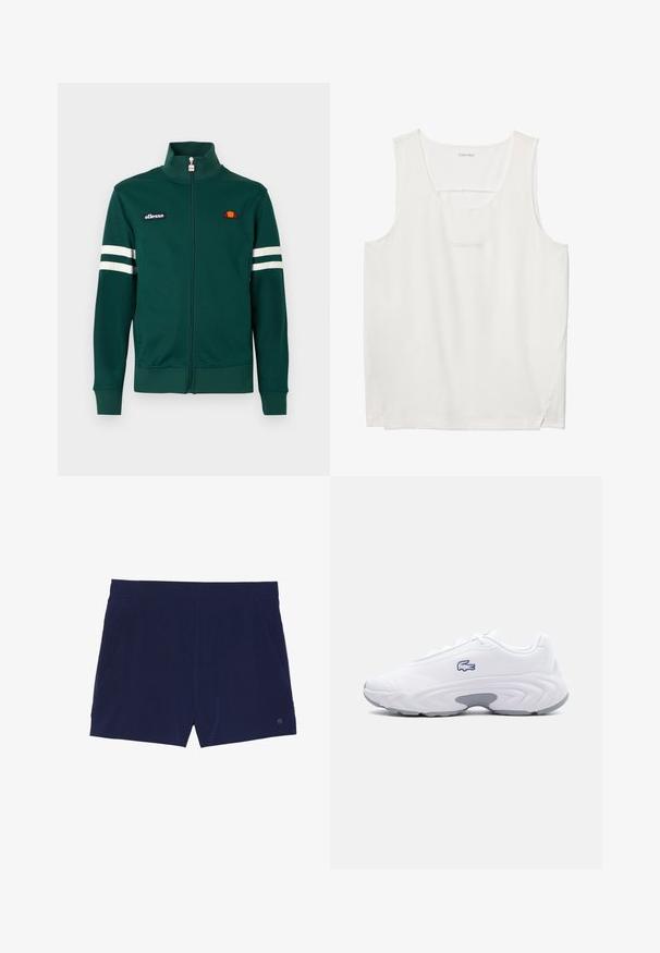 Grøn lynlåstrøje lavet af polyester. Har en høj krave, hvide striber på ærmerne og broderet logo på venstre bryst. Blød tekstur.; Hvid Calvin Klein tanktop uden ærmer med rund halsudskæring og diskret brandnavn præglet i midten foran.; Marineblå svøm shorts lavet af letvægtsstof, med elastisk talje og to sidelommer til opbevaring.; Hvid atletiksneaker med grå sål, mesh-overdel, snørelukning og en blå broderet krokodille-logo på siden.