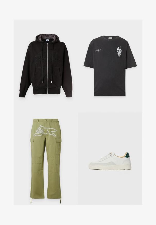 Sudadera con capucha negra con cremallera frontal, bolsillos delanteros, cordones y el logo "GCDS" sutilmente grabado en el pecho, con el forro de la capucha estampado en el interior.; Camiseta negra de manga corta con logo abstracto blanco en el pecho izquierdo y texto "Filling Pieces" en blanco en el pecho derecho.; Icecream RUNNING DOG PANTS - Pantalones cargo - green; Zapatilla blanca con acentos de ante, puntera redondeada, cordones planos y suela de goma color crema. Presenta un logo verde en el talón.