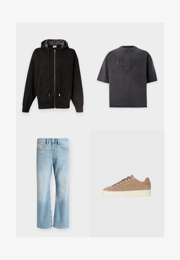 Sweat à capuche noir zippé avec poches avant, cordons de serrage et "GCDS" subtilement embossé sur la poitrine, doublure de capuche à motif à l'intérieur.; T-shirt noir oversize à manches courtes avec un graphique sombre subtil et le mot "pamelk" en police stylisée sur la poitrine.; Jean en denim bleu clair avec cinq poches et une coupe droite, présenté sur un fond blanc uni.; Baskets en daim beige avec une toe ronde, semelle en caoutchouc crème et lacets marron. Présente un logo de marque en relief sur le côté et un matériau texturé.