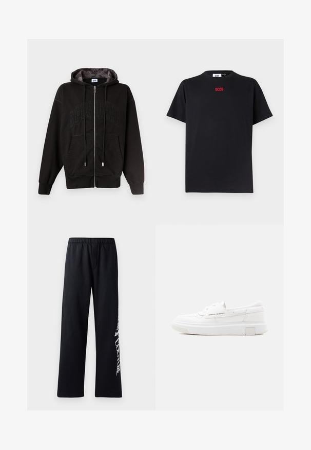 Schwarzer Kapuzenpullover mit Reißverschluss, Vordertaschen, Kordelzug und dezentem "GCDS"-Prägedruck auf der Brust, gemustertes Kapuzenfutter innen.; Schwarzes kurzärmeliges T-Shirt mit Rundhalsausschnitt und kleinem roten "GCDS"-Logo in der Mitte der Brust.; Schwarze Baumwoll-Sweatpants mit elastischem Bund, weitem Bein und einem weißen Grafikdruck am linken Bein. Angenehme Textur und lässiges Design.; Weißer Armani Exchange Low-Top-Sneaker mit dicker Sohle, Schnürung vorne und markanten Details an der Seite und Ferse vor neutralem Hintergrund.