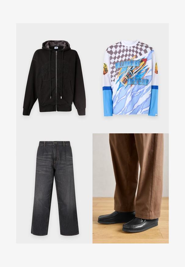 Schwarzer Kapuzenpullover mit Reißverschluss, Vordertaschen, Kordelzug und dezentem "GCDS"-Prägedruck auf der Brust, gemustertes Kapuzenfutter innen.; Langärmliges Hemd mit dem Schriftzug "Billionaire Boys Club", karierter Musterung im oberen Bereich, blau-weißem abstraktem Design und Astronautenhelm-Aufnähern an den Ärmeln.; Dunkelblaue Jeans aus Denim mit weitem Bein und hoher Taille, versehen mit Kontrastnähten, einem Knopfverschluss und zwei Fronttaschen. Glatte Textur, gerade geschnittener Stil.; Schwarze Lederschuhe im Mokassinstil mit genähten Details, kombiniert mit braunen Hosen, auf einem Holzboden.