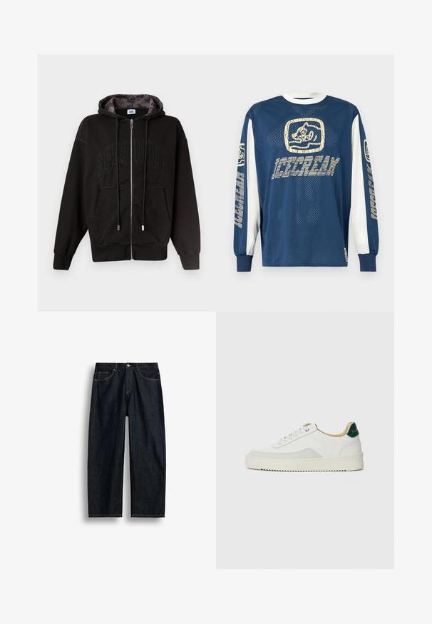 Schwarzer Kapuzenpullover mit Reißverschluss, Vordertaschen, Kordelzug und dezentem "GCDS"-Prägedruck auf der Brust, gemustertes Kapuzenfutter innen.; Langärmeliges marineblaues Mesh-Shirt mit weißen Ärmeln. Verziert mit cremefarbenen Grafiken, darunter ein Logo und der Schriftzug "ICECREAM" auf der Vorderseite und am Ärmel.; Dunkelblaue Jeans mit geradem Bein, gelben Nähten, vorderen Taschen und Knopfverschluss in der Taille.; Weiße Sneaker mit Wildlederelementen, runder Zehenpartie, flachen Schnürsenkeln und einer cremefarbenen Gummisohle. Mit grünen Markenlogo am Fersenbereich.