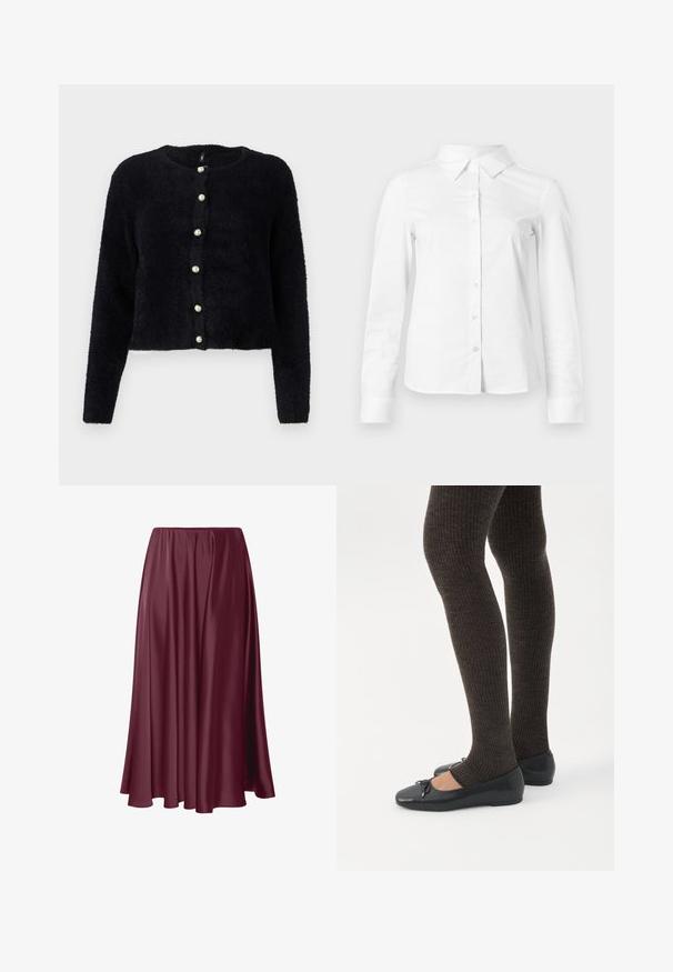Zwarte, fuzzy cardigan met een ronde halslijn en zes parelknopen aan de voorkant. Lange mouwen en een cropped ontwerp maken de look compleet.; Witte blouse met lange mouwen en knopen, met puntige kraag, rechte zoom en aansluitende silhouet, weergegeven op een effen lichte achtergrond.; Bordeaux lange rok van soepele, glanzende stof met een vloeiende uitstraling en een elastische tailleband. Geen patronen of accenten aanwezig.; Benen met donkere geribbelde leggings gecombineerd met zwarte ballerina's met kleine strikdetails op een witte achtergrond.