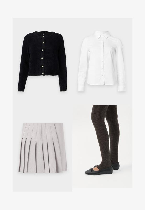 Ce cardigan noir et duveteux présente un col rond et six boutons en perles sur le devant. Des manches longues et un design court complètent le look.; Chemise blanche à manches longues avec boutons, col pointu, ourlet droit et silhouette ajustée, présentée sur un fond clair uni.; Jupe plissée grise au toucher lisse, dotée de multiples plis verticaux et d'une taille ajustée. Fabriquée en tissu léger.; Jambes portant des leggings côtelés foncés associés à des ballerines noires avec de petits détails en nœud sur fond blanc.