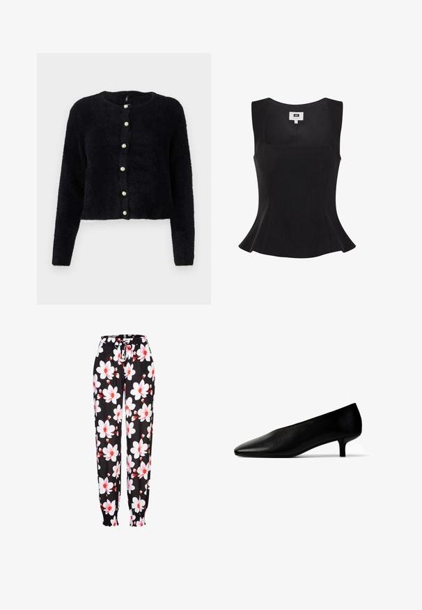 Schwarze, flauschige Strickjacke mit runden Halsausschnitt und sechs Perlenknöpfen auf der Vorderseite. Lange Ärmel und ein kurzes Design runden den Look ab.; Schwarzes, ärmelloses, figurbetontes Top mit quadratischem Ausschnitt und leicht ausgestellter Taille, mit dem Label "WE Studio", Größe klein.; Schwarze Stoffhose mit weißem und roten Blumenmuster, elastischem Bund mit Kordelzug und gerafften Bündchen. Leichtes Material.; Schwarzer Damenschuh aus Leder mit niedrigem Absatz, spitzer Zehenpartie und schlankem Kitten-Heel auf weißem Hintergrund.