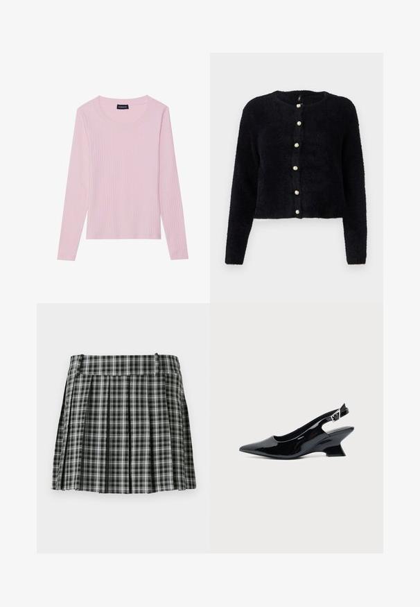 Ce cardigan noir et duveteux présente un col rond et six boutons en perles sur le devant. Des manches longues et un design court complètent le look.; Haut à manches longues côtelé rose pâle avec un col rond et une silhouette ajustée. Fabriqué en tissu doux et texturé. Design minimaliste, sans motifs.; Jupe plissée à carreaux noir et blanc avec une taille lisse et de multiples plis verticaux. Fabriquée en tissu léger.; Chaussure slingback en cuir verni noir avec bout pointu et petit talon bloc incliné sur fond clair uni.