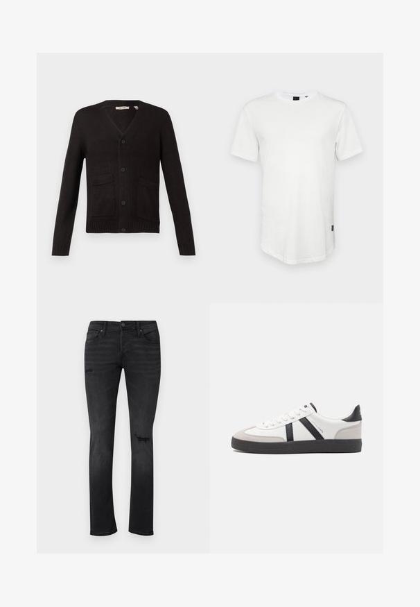 Sort strikmalet cardigan med v-hals, frontknaplukning og to forlommer. Ribbet manchetter og kant, tekstureret stof.; Hvid kortærmet t-shirt lavet af bomuld, med rund halsudskæring og en let forlænget ryg, samt en lille logoaccent på siden.; Sorte denimjeans med slim fit, med synlige slidte områder ved knæene, fem lommer og en standard knap- og lynlåslukning.; Hvide sneakers med sorte og grå detaljer, med en tekstureret grå tåhætte, sort gummisål og flade hvide snørebånd. Rent design, minimalistisk stil.