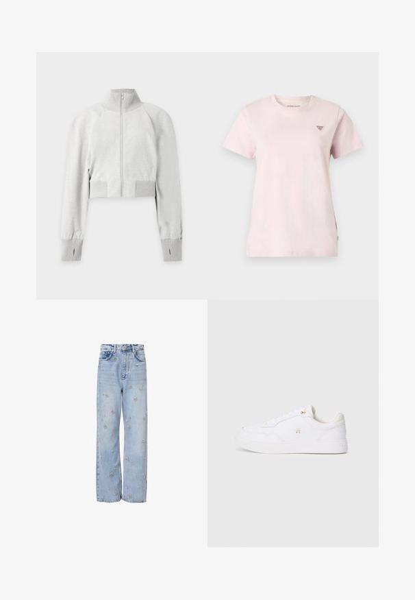 Lysegrå cropped hættejakke med ribbet høj krave, ribbede manchetter med tommelfingerhuller og ribbede kant.; Lyserød t-shirt med korte ærmer og rund hals, med et lille trekantet rødt og hvidt Guess Jeans-logo på venstre bryst.; Lystblå denimjeans med afslappet pasform, prydet med sølvfarvet blomsterbroderi hele vejen rundt og standard fem-lomme design.; Hvide sneakers med en glat, syntetisk overdel, rund tå og flade snørebånd. Har et guld-logo på siden og en tekstureret hvid sål.