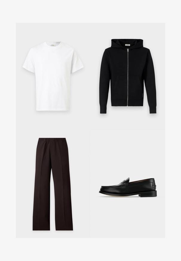 Sweat à capuche noir zippé avec poches avant et manches longues, présenté sur un fond blanc.; T-shirt blanc à manches courtes avec col rond, étiquette "Sandro" visible à l'intérieur du col, présenté sur un fond uni.; Pantalon noir à jambes larges avec taille élastique et plis droits à l'avant, présenté sur un fond clair uni.; Mocassin homme en cuir noir avec un petit talon et une couture de style mocassin sur l'avant, vu de côté sur un fond uni.