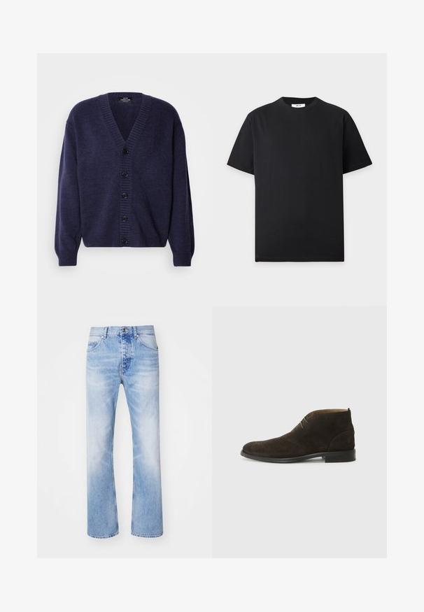 Marineblå strikket cardigan med V-hals, ribbede manchetter og seks sorte knapper foran. Blød tekstur og afslappet pasform.; Simpel sort T-shirt med korte ærmer og rund hals, lagt fladt på en lys grå baggrund med en lille hvid etiket inde i kraven.; Lyseblå denim jeans med et lige ben-design, der har en klassisk fem-lommer stil og et subtilt falmet mønster.; Mørkebrun ruskind ankelstøvle med to huller, rundet tå, lav hæl og sort gummisål på en lysegrå baggrund.
