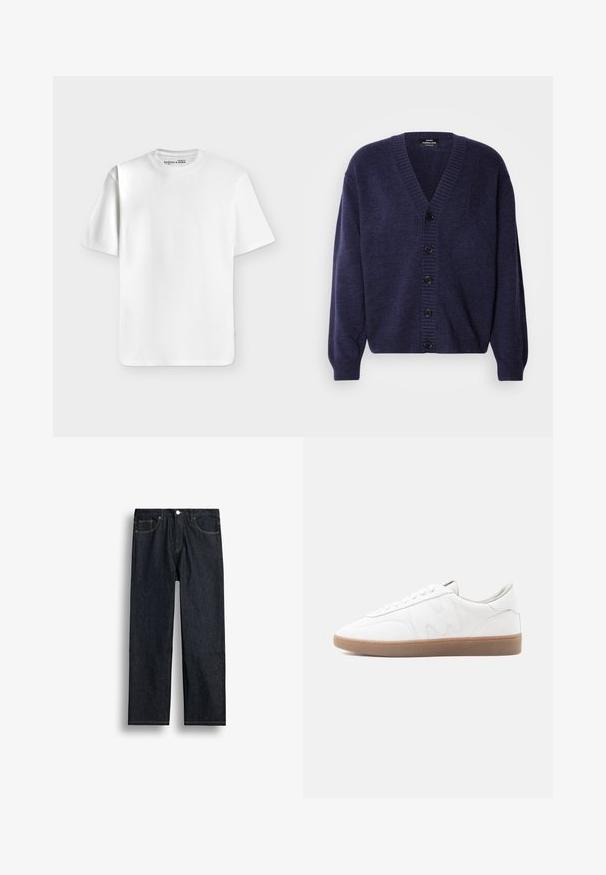 Cárdigan de punto azul marino con escote en V, puños acanalados y seis botones negros en la parte delantera. Textura suave y corte relajado.; Camiseta blanca lisa de manga corta y cuello redondo, colocada extendida sobre un fondo gris claro con una pequeña etiqueta de marca dentro del cuello.; Vaqueros de denim azul oscuro de pierna recta con botón delantero, cremallera y diseño de cinco bolsillos sobre un fondo blanco.; Zapatilla blanca de corte bajo con suela de goma color caramelo, superposiciones cosidas y cierre de cordones sobre fondo neutro.