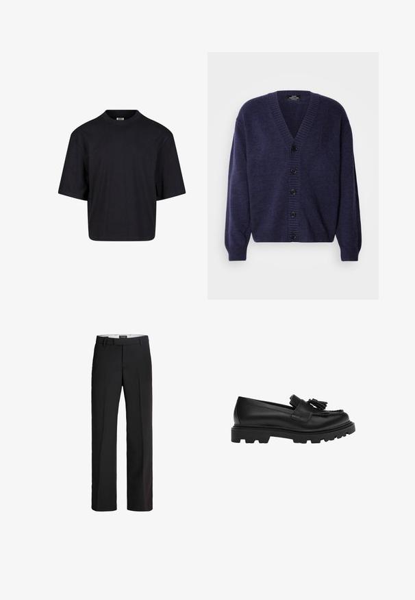Marineblauer Strickcardigan mit V-Ausschnitt, gerippten Bündchen und sechs schwarzen Knöpfen vorne. Weiches Textil und lässige Passform.; Schwarzes Baumwoll-T-Shirt mit Rundhalsausschnitt, kurzen Ärmeln und oversized Passform. Glatte Textur und minimalistisches Design. Keine sichtbaren Logos.; Schwarze Hosen mit maßgeschneiderter Passform; verfügen über einen flachen Bund, zwei seitliche Taschen und eine glatte Textur; hergestellt aus einem leichten, atmungsaktiven Material.; Schwarze Lederloafers mit einer dicken Gummisohle, die eine dekorative Quaste und ein geflochtenes Design auf der Vorderseite aufweisen.