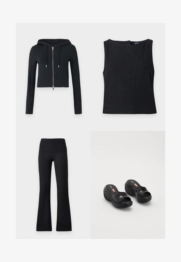 Zwarte korte hoodie met lange mouwen, volledige ritssluiting aan de voorkant en capuchon met trekkoord op een lichte achtergrond.; Zwart mouwloos damestopje met boothals en rits aan de zijkant, effen stof, GAP merklabel zichtbaar aan de binnenkant van de kraag.; Zwarte geribbelde uitlopende leggings met een brede tailleband, voorzien van een gladde textuur zonder zichtbare hardware of patronen.; Melissa MELISSA QUANTUM PLATFORM X DIESEL AD - Badslippers - black