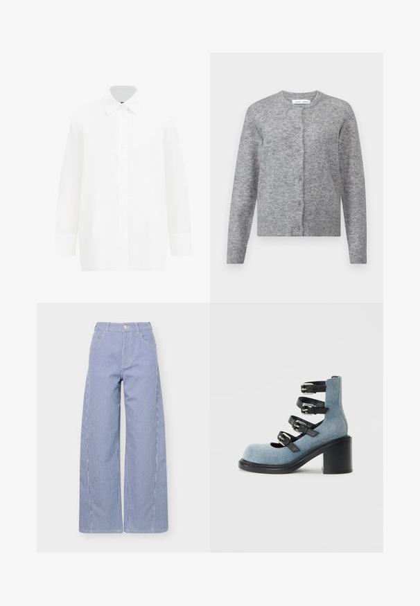 Grå uldcardigan med knapper, ribbede manchetter og kant. Rund halsudskæring, blød tekstur, tætsiddende design. Ingen synlige mønstre eller accenter.; Hvid langærmet skjorte med knapper. Har en klassisk krave, glat bomuldsstof, lige snit og knaplukning foran.; Bredbenede bukser med lodrette blå og hvide striber, forlommer og knaplukning i taljen.; Lysblå denim ankelstøvle med rund tå, tre sorte læderremme og sølv spænder. Har en kraftig sort hæl.