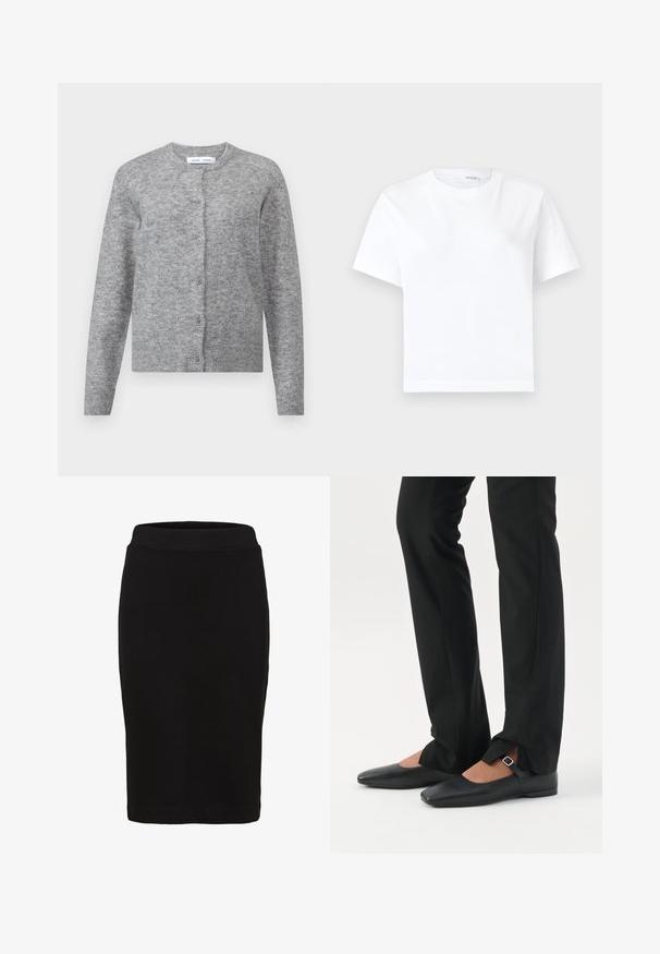 Grijze wollen cardigan met knopen, geribbelde manchetten en zoom. Ronde halslijn, zachte textuur, slimfit ontwerp. Geen zichtbare patronen of accenten.; Effen witte katoenen T-shirt met korte mouwen, ronde hals en rechte zoom, getoond op een witte achtergrond.; Zwarte kokerrok tot op de knie met een aansluitende tailleband en gladde stof, afgebeeld tegen een witte achtergrond.; Benen met zwarte smalle broek met voorsplitten aan de zoom, gecombineerd met zwarte platte Mary Jane-schoenen met een klein gespje.
