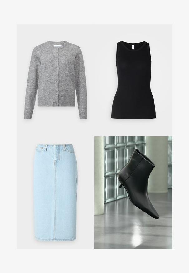 Grå uldcardigan med knapper, ribbede manchetter og kant. Rund halsudskæring, blød tekstur, tætsiddende design. Ingen synlige mønstre eller accenter.; Sort ærmeløs tanktop lavet af ribbet stof, med rund halsudskæring og tætsiddende design, med en glat overflade og uden mønstre.; Lys blå denim blyantskørt med høj talje, fem lomme-design og subtile syninger langs sømmene.; Sort læderankelstøvle med spids tå og lav kitten-hæ, vist vinklet mod en poleret gulv- og glasblokvæg.