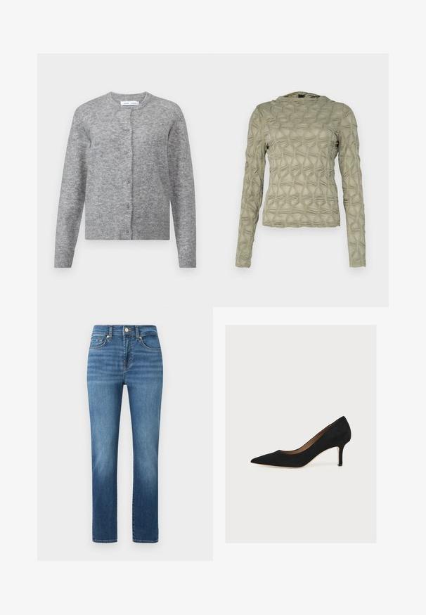 Grijze wollen cardigan met knopen, geribbelde manchetten en zoom. Ronde halslijn, zachte textuur, slimfit ontwerp. Geen zichtbare patronen of accenten.; Langsleeve top in gedempt groen, met een textuurpatroon van verhoogde diamanten. Zachte stof met subtiele glans en een ronde halslijn.; Middelhartige blauwe jeans met een rechte pijpontwerp, voorzien van een knoopsluiting, vijf zakken en lichte vervagingpatronen over de stof.; Zwarte suède pump met puntige neus, middenhoge naaldhak en tan binnenzool op een lichte achtergrond.
