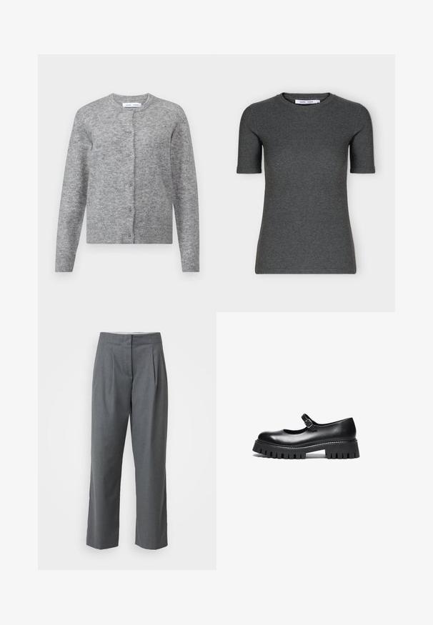 Grijze wollen cardigan met knopen, geribbelde manchetten en zoom. Ronde halslijn, zachte textuur, slimfit ontwerp. Geen zichtbare patronen of accenten.; Donkergrijs, gebreid T-shirt met korte mouwen, ronde hals, slim fit en eenvoudig ontwerp, weergegeven op een witte achtergrond.; Grijze op maat gemaakte broeken met een rechte pijp, met een gladde textuur, voorpijpen en zijzakken. Geen zichtbare bevestigingsmiddelen of accenten.; Zwarte leren Mary Jane-schoen met een ronde neus, enkelband en een chunky rubberen zool met geribbelde details.
