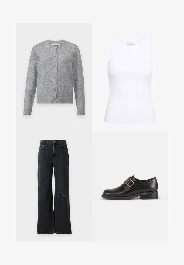 Grauer Wollcardigan mit Knöpfen, gerippten Bündchen und Saum. Rundhals, weiche Textur, taillierte Passform. Keine sichtbaren Muster oder Akzente.; Weißes, geripptes Tanktop mit Rundhalsausschnitt und ohne Ärmel. Elastisches Material und figurbetontes Design. Das Etikett auf der Rückseite trägt die Aufschrift "GESTUZ."; Schwarz-jeans mit weitem Bein und hoher Taille, versehen mit einem abgerissenen Riss am linken Knie und klassischen Metallknopf- und Nietenakzenten.; Schwarze Leder-Dressschuhe mit abgerundeter Zehenform, seitlichem Gürtelverschluss und strukturierter Sohle, vor einem schlichten weißen Hintergrund.