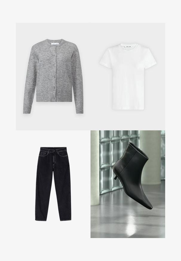 Grijze wollen cardigan met knopen, geribbelde manchetten en zoom. Ronde halslijn, zachte textuur, slimfit ontwerp. Geen zichtbare patronen of accenten.; Effen witte T-shirt met korte mouwen en ronde hals, plat liggend op een lichtgrijze achtergrond, met voorzijde en label aan de binnenkant van de halslijn zichtbaar.; Zwarte jeans met hoge taille en rechte pijpen, voorzien van knopen aan de voorkant, rits, riemlussen en vijf zakken, afgebeeld tegen een witte achtergrond.; Zwarte leren enkellaars met spits toelopende neus en lage kittenhak, schuin weergegeven tegen een gepolijste vloer en een glazen blokken muur als achtergrond.