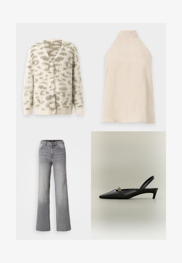 Cárdigan crema con una textura suave y esponjosa, que presenta un patrón abstracto gris, escote en forma de V y cinco botones crema en el delantero.; Top halter beige, diseño sin mangas, tela suave con una textura lisa, cuello alto y una silueta en A. Estilo minimalista.; Vaqueros de mezclilla gris de pernera recta y cintura alta, con botón y cremallera frontales, bolsillos delanteros y traseros, y efectos de desvanecimiento en los muslos y las pantorrillas.; Zapato de tacón bajo tipo kitten en piel negra con talón descubierto, punta puntiaguda y hebilla pequeña color dorado sobre un fondo liso.