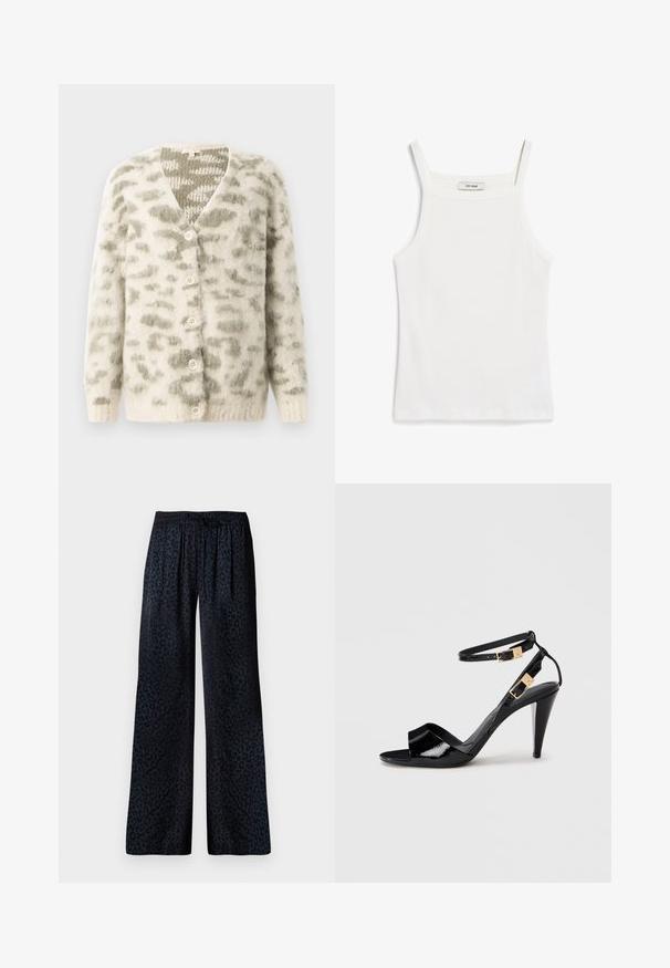 Creme cardigan med blød, fuzzy tekstur, prydet med et gråligt abstrakt mønster, v-hals og fem cremefarvede knapper fortil.; Hvid tank top med tynde stropper, lavet af ribbet bomuldsstof, med en lige halsudskæring og en ren afslutning i kanten.; Breddebenede bukser i mørkt stof med et subtilt sort leopardmønster, en elastisk talje og en behagelig drapering.; Sorte patentlæder højhælede sandaler med dobbelte ankelremme og guldspænder, åben tå og slank taperet hæl på neutral baggrund.