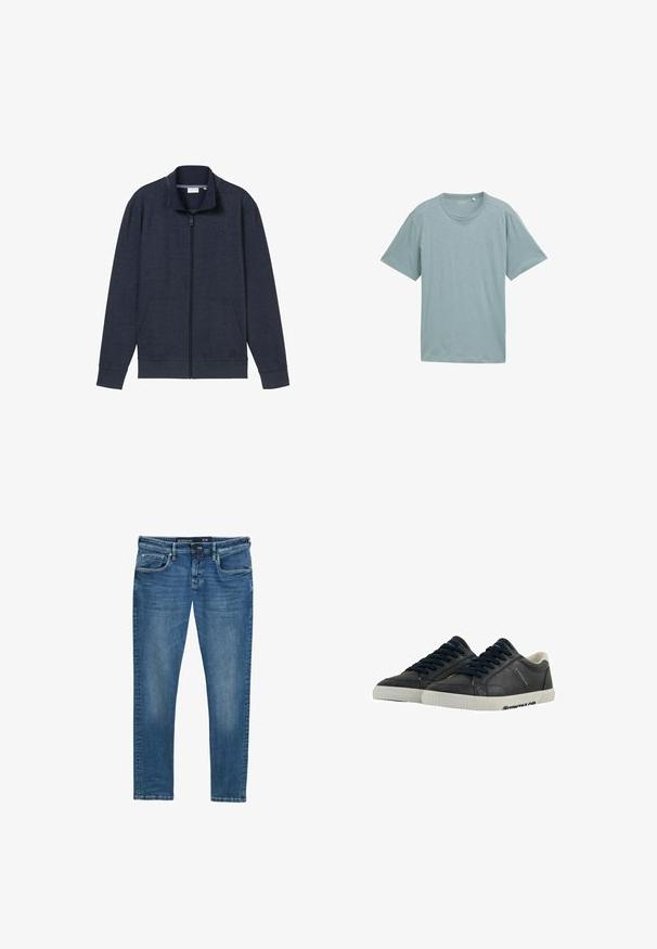 Marine-blå lynlåsjakke med høj krave, to frontlommer og ribbede manchetter. Lavet af blødt, struktureret stof, med et logo på brystet.; Lyseblå T-shirt med korte ærmer, rund hals og blød tekstur. Den har et lille, diskret logo på venstre brystområde.; Blå denim jeans med lige ben, fem-lomme design, subtil vask på lårene, og en waistband label der angiver størrelse 31/32.; Marine læder sneakers med hvide gummisåler, rund tå og sorte snørebånd. Subtile teksturer og branding på siderne. Casual design.