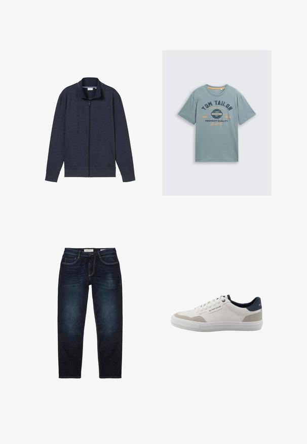 Marine-blå lynlåsjakke med høj krave, to frontlommer og ribbede manchetter. Lavet af blødt, struktureret stof, med et logo på brystet.; Lys blå bomulds t-shirt med korte ærmer. Udstyret med mørkeblå og orange grafisk tekst: "TOM TAILOR" og "PREMIUM KVALITET." Enkel rund halsudskæring.; Mørkeblå denim jeans med standard pasform, der har lynlås, fem lommer og kontrasterende gule syninger. Glat overflade.; Hvid lavtop-sneakers med beige accenter, navy hælkant, hvide snørebånd og gummisål, med Tom Tailor-logo på siden og bagpå.
