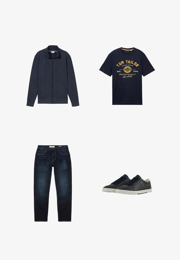 Marinekleurige zip-up jack met een hoge kraag, twee voorzakken en geribbelde manchetten. Gemaakt van zachte, gestructureerde stof, met een logo op de borst.; Marineblauw katoenen t-shirt met een ronde hals, korte mouwen en gele tekst die het merk en de slogan over de voorkant weergeeft.; Donkerblauwe spijkerbroek met een standaard pasvorm, voorzien van een ritssluiting, vijf zakken en contrasterende gele stiksels. Over het algemeen een gladde textuur.; Marine leren sneakers met witte rubberen zolen, ronde neus en zwarte veters. Subtiele texturen en branding aan de zijkanten. Casual ontwerp.