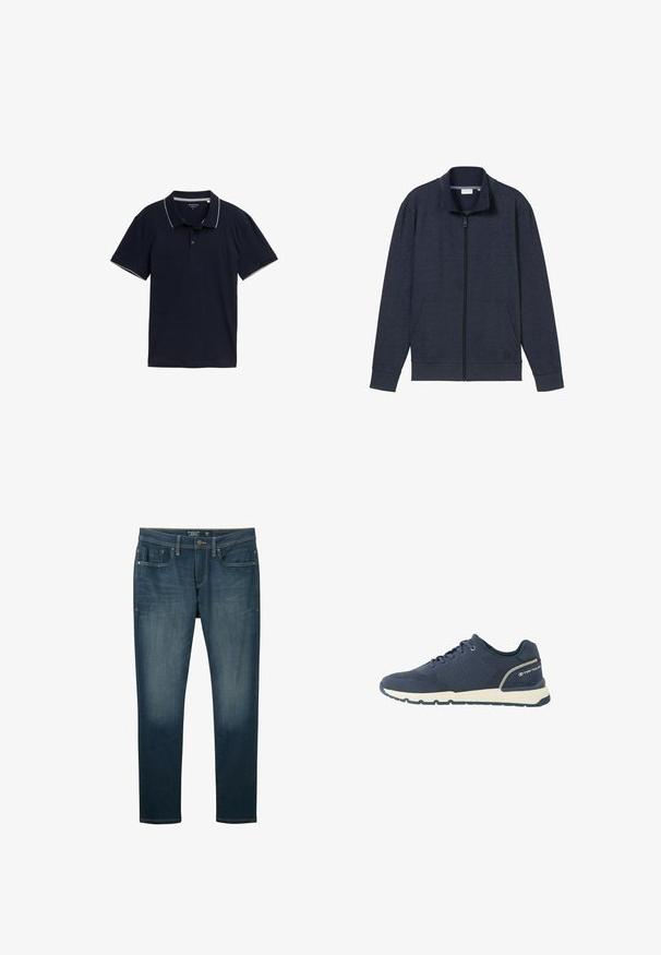 Marine-blå lynlåsjakke med høj krave, to frontlommer og ribbede manchetter. Lavet af blødt, struktureret stof, med et logo på brystet.; Mørkeblå polo shirt lavet af bomuld, med en klassisk krave, tre-knap lukning og kontrasterende lys grå trim på kraven og ærmerne.; Mørkeblå denimjeans med slim fit, fem-lomme design og kontrasterende gyldne syninger. Lysblegede områder på forsiden af lårene og en ren kant.; Mørkeblå atletiksko med mesh-overdel, hvid sål, sort ydersål og "Tom Tailor"-logo på hælkappen.
