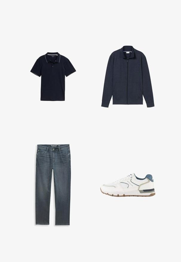 Marine-blå lynlåsjakke med høj krave, to frontlommer og ribbede manchetter. Lavet af blødt, struktureret stof, med et logo på brystet.; Mørkeblå polo shirt lavet af bomuld, med en klassisk krave, tre-knap lukning og kontrasterende lys grå trim på kraven og ærmerne.; Mørkegrå afslappede jeans med lynlås, fem-lomme design og subtilt slid. Lavet af denim med en glat tekstur.; Hvid og grå atletisk sneaker med blå detaljer, mesh-stof og en brun sål, mærket med "Tom Tailor" på siden.