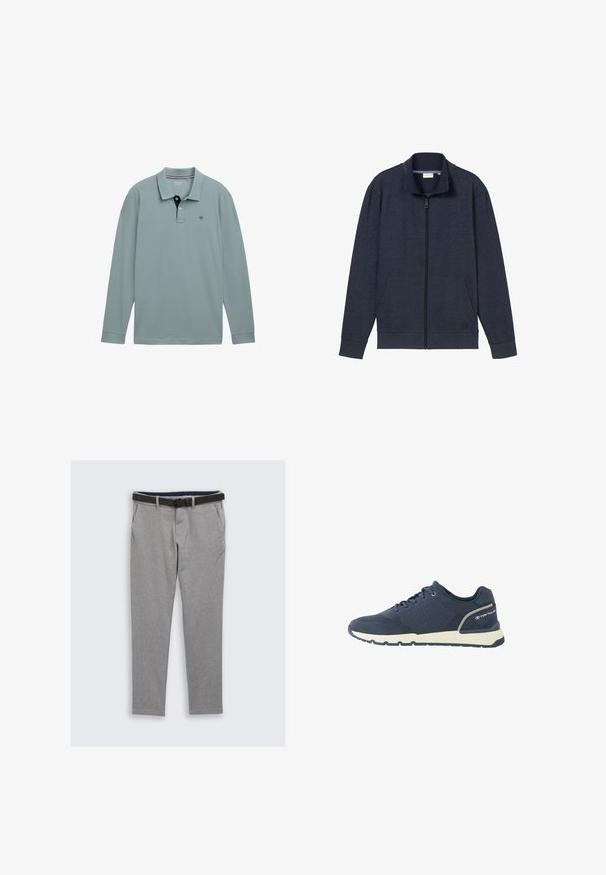 Marine-blå lynlåsjakke med høj krave, to frontlommer og ribbede manchetter. Lavet af blødt, struktureret stof, med et logo på brystet.; Langærmet polo-shirt i lys blå med en kontrastfarvet navy krave. Cotton materiale, med et lille logo på venstre bryst. Klassisk pasform.; Gråternet bukser med en glat tekstur, udstyret med et sort bælte, sidelommer og en knappet front. Skræddersyet design med en slim fit.; Mørkeblå atletiksko med mesh-overdel, hvid sål, sort ydersål og "Tom Tailor"-logo på hælkappen.