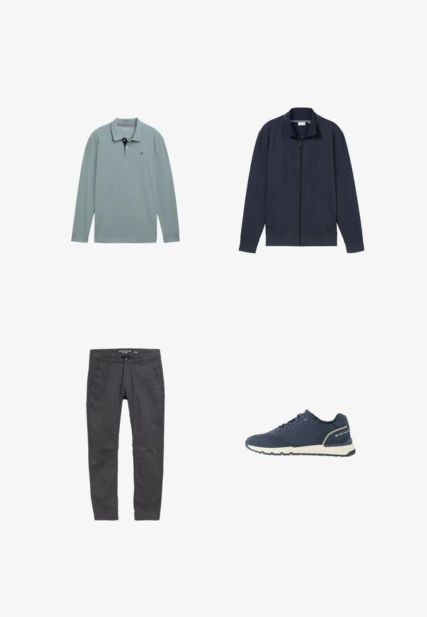 Marine-blå lynlåsjakke med høj krave, to frontlommer og ribbede manchetter. Lavet af blødt, struktureret stof, med et logo på brystet.; Langærmet polo-shirt i lys blå med en kontrastfarvet navy krave. Cotton materiale, med et lille logo på venstre bryst. Klassisk pasform.; Grå bomuldsbukser med lige snit, forlommer og knaplukning. Har diskret branding og en glat tekstur.; Mørkeblå atletiksko med mesh-overdel, hvid sål, sort ydersål og "Tom Tailor"-logo på hælkappen.