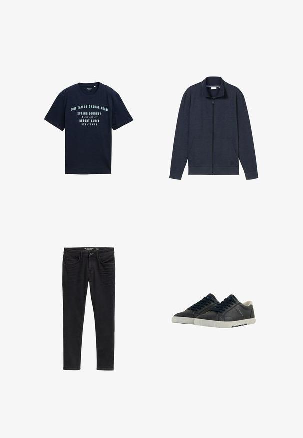 Dunkelblaues Zip-Jackett mit hohem Kragen, zwei vorderen Taschen und gerippten Bündchen. Hergestellt aus weichem, strukturiertem Material und mit einem Logo auf der Brust.; Marineblaue Kurzarm-Baumwoll-T-Shirt mit runder Ausschnitt, versehen mit bedrucktem weißen Text und Zahlen auf der Vorderseite in einem lässigen Design.; Schmal geschnittene schwarze Jeans aus Denim mit glatter Textur, vorderen Taschen und Reißverschluss. Abgenutzte Details in der Oberschenkelregion werten das Design auf.; Marineblaue Leder-Sneaker mit weißen Gummisohlen, runder Spitze und schwarzen Schnürsenkeln. Subtile Texturen und Branding an den Seiten. Lässiges Design.