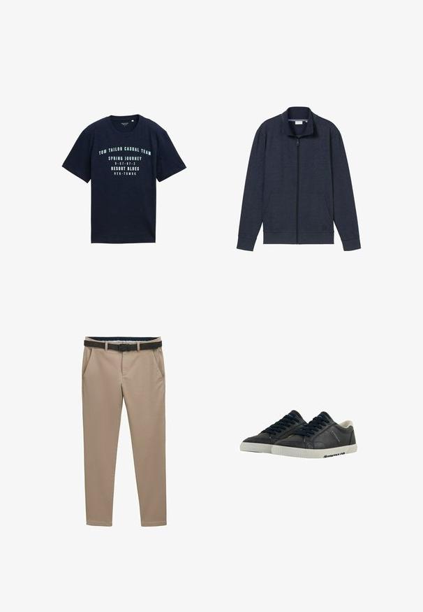 Dunkelblaues Zip-Jackett mit hohem Kragen, zwei vorderen Taschen und gerippten Bündchen. Hergestellt aus weichem, strukturiertem Material und mit einem Logo auf der Brust.; Marineblaue Kurzarm-Baumwoll-T-Shirt mit runder Ausschnitt, versehen mit bedrucktem weißen Text und Zahlen auf der Vorderseite in einem lässigen Design.; Beige Slim-Fit-Hosen mit Fronttaschen und schwarzem Gürtel, auf einem weißen Hintergrund präsentiert.; Marineblaue Leder-Sneaker mit weißen Gummisohlen, runder Spitze und schwarzen Schnürsenkeln. Subtile Texturen und Branding an den Seiten. Lässiges Design.