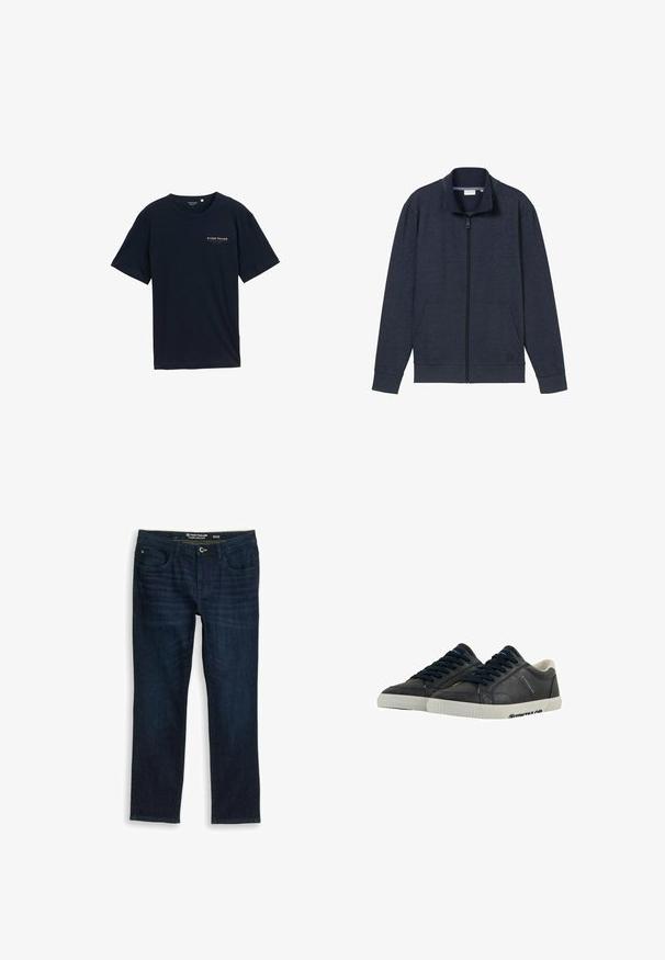 Dunkelblaues Zip-Jackett mit hohem Kragen, zwei vorderen Taschen und gerippten Bündchen. Hergestellt aus weichem, strukturiertem Material und mit einem Logo auf der Brust.; Navyblaue Baumwoll-T-Shirt mit Rundhalsausschnitt und kurzen Ärmeln. Mit einem kleinen roten Textlogo auf der Brust. Reguläre Passform, glatte Textur.; Dunkelblaue Straight-Leg-Jeans mit Fronttaschen, Knopf- und Reißverschluss, Größe 32 von der Marke Tom Tailor.; Marineblaue Leder-Sneaker mit weißen Gummisohlen, runder Spitze und schwarzen Schnürsenkeln. Subtile Texturen und Branding an den Seiten. Lässiges Design.