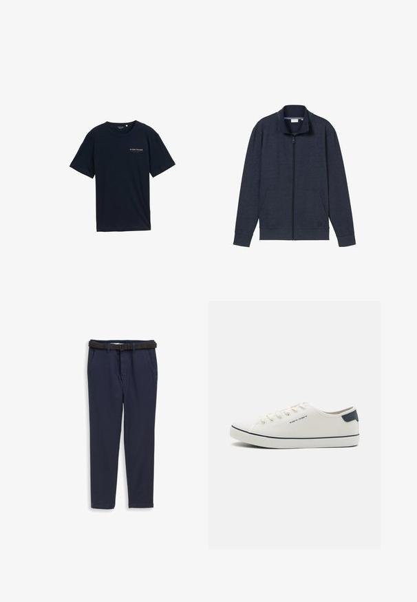 Marinekleurige zip-up jack met een hoge kraag, twee voorzakken en geribbelde manchetten. Gemaakt van zachte, gestructureerde stof, met een logo op de borst.; Navyblauwe katoenen T-shirt met een ronde halslijn en korte mouwen. Kenmerkt zich door een klein rood tekstlogo op de borst. Regular fit, soepele textuur.; Marineblauwe broek met zijzakken en een zwarte riem, weergegeven tegen een witte achtergrond.; Canvas sneakers in gebroken wit met marineblauwe accenten, met een ronde neus, vetersluiting en een gestructureerde rubberen zool. Simpele en schone esthetiek.