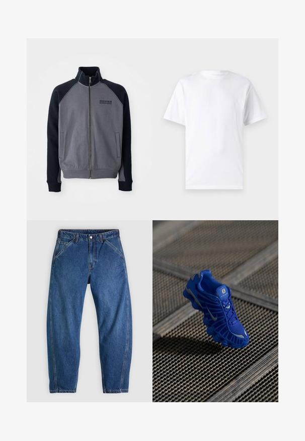 Šedá a čierna zipsová bunda s vysokým golierom, dvoma prednými vreckami a logom "Dickies Workwear Company" na hrudi.; Biela krátka rukávová tričko vyrobené z bavlny s okrúhlym výstrihom, s hladkou textúrou a jednoduchým dizajnom bez vzorov alebo akcentov.; Modré denimové rifle s voľným strihom, vybavené zapínaním na gombíky, piatimi vreckami a kontrastným oranžovým prešívaním. Hladká textúra po celom povrchu.; Modrá športová topánka s mriežkovým vrchom, textúrovaným dizajnom a výraznou podrážkou, ktorá obsahuje odlišné prvky odpruženia a reflexné akcenty.