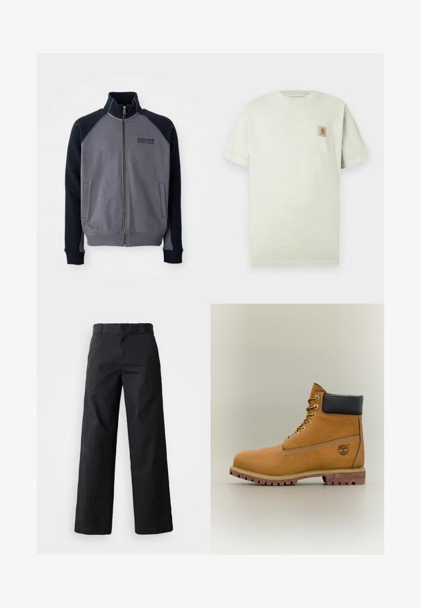 Šedá a čierna zipsová bunda s vysokým golierom, dvoma prednými vreckami a logom "Dickies Workwear Company" na hrudi.; Svetlozelené bavlnené tričko s krátkymi rukávmi, okrúhlym výstrihom a malou štvorcovou nášivkou s logom na ľavej hrudi. Mäkka textúra.; Čierne nohavice s širokými nohavicami z bavlny. Majú zapínanie na gombík, pútka na opasok a bočné vrecká. Hladká textúra s talianskym strihom.; Hnedá kožená členková členková obuv s čiernym golierom, žltými šnúrkami a béžovou podrážkou. Má logo a biele prešívanie. Hrubá podrážka s dobrým záberom.