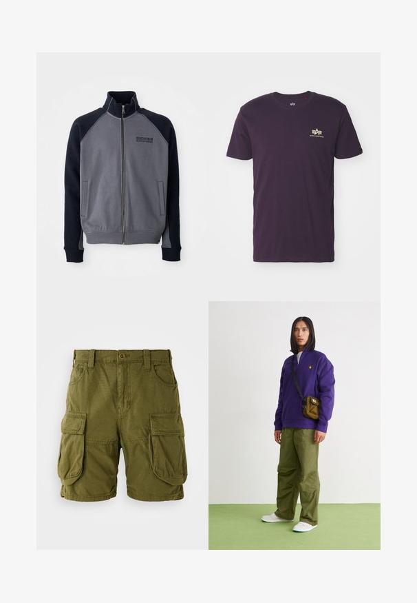Chaqueta de cremallera gris y negra con cuello alto, dos bolsillos frontales y el logo "Dickies Workwear Company" en el pecho.; Camiseta de algodón morada con cuello redondo, mangas cortas y un logo dorado con alas en la parte superior izquierda. Textura suave, diseño casual.; Pantalones cortos cargo color verde oliva, confeccionados en una mezcla de algodón. Cuentan con dos grandes bolsillos laterales y un cierre de botón con trabillas para cinturón. Textura suave.; Jordan AIR JORDAN 1 ZM CMFT 2 - Zapatillas altas - summit white/bicoastal/oxidized green
