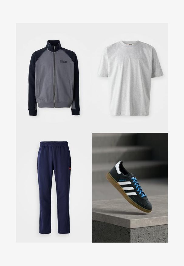 Hallideheline ja must tõmblukkidega jope kõrge kraega, kaks eesmist taskut ja "Dickies Workwear Company" logo rinnal.; Hallav gray lühikeste varrukatega T-särk, mis on valmistatud pehmest materjalist. Omab ümmargust kaelust ja diskreetset logo, mis on esiosas tikitud.; Tumed sättepantid elastse vöökoha, küljetaskute ja väikese logo detailiga vasakul taskul. Valmistatud pehmest ja sileda kangast.; Must Adidas toss valgete triibu, siniste paelte ja kummist tallaga, hõljuv pehme valgusega halli betoonastme kohal.