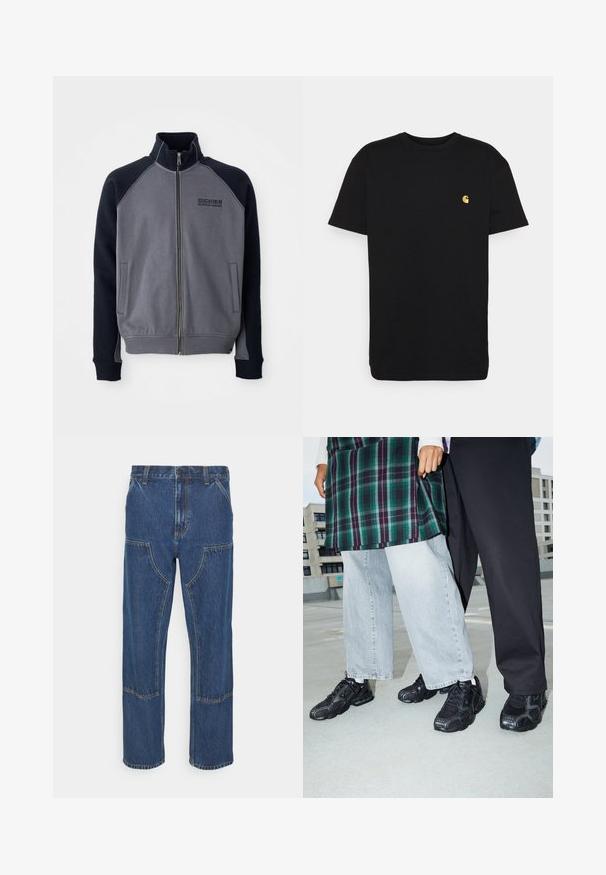 Grå og sort zip-up jakke med høj krave, to forreste lommer og "Dickies Workwear Company" logo på brystet.; Sort bomulds t-shirt med korte ærmer, rund halsudskæring og et lille gult logo på venstre brystområde. Enkel design og almindelig pasform.; Blå denim jeans med lige ben, frontlappelommer og kontrasterende syninger. Stoffet har en klassisk tekstur og finish.; Sorte atletik sko med mesh- og gummidetaljer. Båret med lysegrå vide jeans og en ternet grøn bluse. Flad overflade i baggrunden.