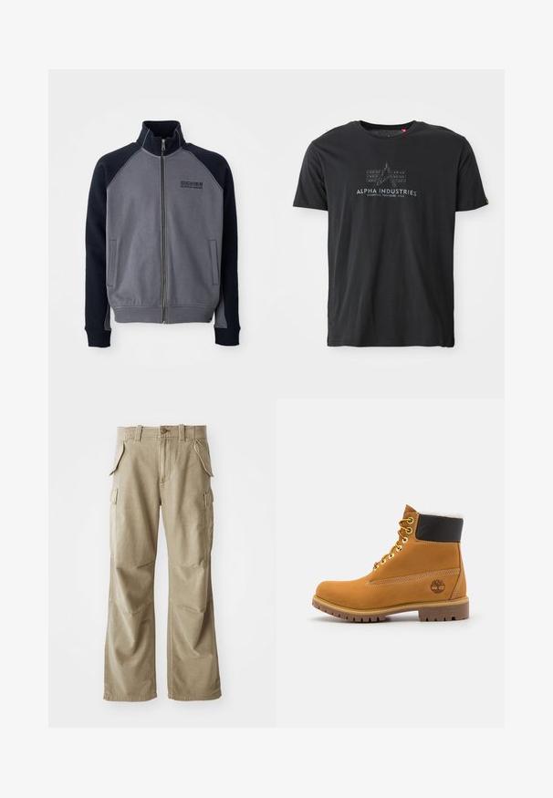Grå og sort zip-up jakke med høj krave, to forreste lommer og "Dickies Workwear Company" logo på brystet.; Sort bomuld crew neck t-shirt med en tekstureret logo-print med ordene "ALPHA INDUSTRIES" og et trekantet design i midten.; Beige cargo bukser lavet af slidstærkt stof, med en afslappet pasform, flere sidelommer og forstærkede knæ. Flad frontdesign.; Brune læder ankelstøvle med metaløjer, hvid pelsforing, sort polstret krave, robust sål og præget logo på siden.