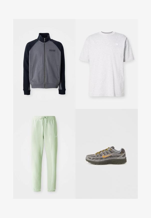 Hallideheline ja must tõmblukkidega jope kõrge kraega, kaks eesmist taskut ja "Dickies Workwear Company" logo rinnal.; Hele halli puuvillane t-särk lühikeste varrukatega, ümar kaelus ja väike valge logo vasakul rinnal. Pehme tekstuur, vabalt istuv mudel.; Heledad roheline dressipükste komplekt, mis on valmistatud pehmest puuvillast ja millel on elastne vöökoht koos tõmbluku ja kitsenevad sääred, lõpetades kogutud mansettidega.; Hallid seemisnahast tossud kuldsete detailide, tekstuuriga paneelide ja sobivate paeltega. Omavad pehmendusega tallaga ja külje peal logodega detaile.