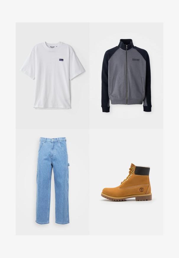 Hallideheline ja must tõmblukkidega jope kõrge kraega, kaks eesmist taskut ja "Dickies Workwear Company" logo rinnal.; Valge puuvillane T-särk ümmarguse kaelusega, lühikeste varrukatega ja tumesinise ristkülikukujulise logo plaastriga vasakul rinnapeal.; Heledsinine teksakangast cargo püksid sirge säärega, ees taskud ja külgmised cargo taskud. Kanga tekstuur on sile ja kergelt kulunud.; Pruun nahast pahkluu saabas metallist silmadega, valge karvane vooder, must pehmendatud krae, robustne tallal ja küljes reljeefne logo.